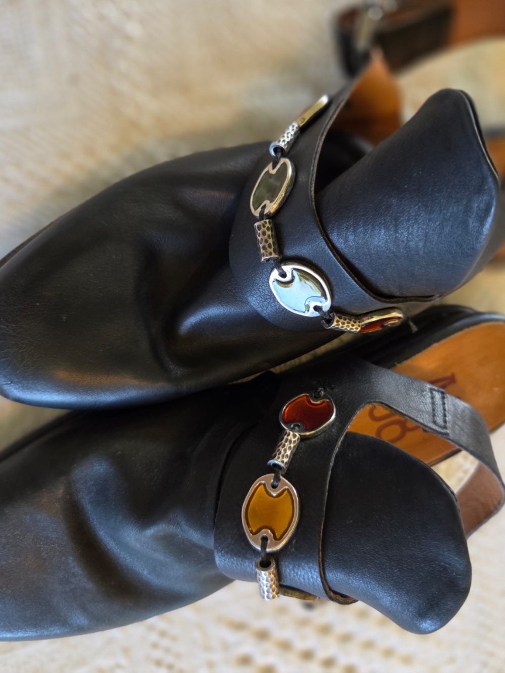 A.S. 98 sling back sandles 5.5 black leather outer and lining faux jewels Italy - Picture 4 of 13